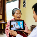 **Prompt 1: Bridging the Distance for Healthcare**
    "A heartwarming scene depicting a Vietnamese elderly person in a cozy, traditional rural home, comfortably engaging in a video consultation with a professional doctor on a tablet. The doctor is in a clean, modern clinic setting, with a sense of connection visually implied between the two distinct environments. The image should convey accessibility, convenience, and the relief of receiving medical care without travel. Focus on warm, natural lighting and authentic Vietnamese cultural elements in the home."
