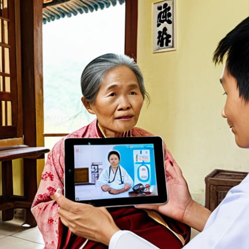 **Prompt 1: Bridging the Distance for Healthcare**
    "A heartwarming scene depicting a Vietnamese elderly person in a cozy, traditional rural home, comfortably engaging in a video consultation with a professional doctor on a tablet. The doctor is in a clean, modern clinic setting, with a sense of connection visually implied between the two distinct environments. The image should convey accessibility, convenience, and the relief of receiving medical care without travel. Focus on warm, natural lighting and authentic Vietnamese cultural elements in the home."