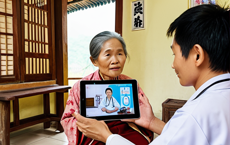 **Prompt 1: Bridging the Distance for Healthcare**
"A heartwarming scene depicting a Vietnamese elderly person in a cozy, traditional rural home, comfortably engaging in a video consultation with a professional doctor on a tablet. The doctor is in a clean, modern clinic setting, with a sense of connection visually implied between the two distinct environments. The image should convey accessibility, convenience, and the relief of receiving medical care without travel. Focus on warm, natural lighting and authentic Vietnamese cultural elements in the home."