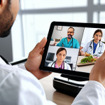 ** A busy office worker having a video call with a doctor on their phone during a lunch break. Focus on the convenience and time-saving aspect. Suggest keywords like "telemedicine", "doctor consultation", "office", "lunch break", "convenience".

**