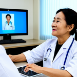 A professional Vietnamese female doctor in a modest white lab coat, seated at a modern desk in a well-lit clinic, conducting a telemedicine consultation via a large, clear screen. On the screen, an elderly Vietnamese man in modest traditional attire is calmly engaging with the doctor from his comfortable, simple home setting, using a tablet with a smooth video connection. The scene emphasizes seamless user experience and skilled remote medical communication. The lighting is bright and natural, reflecting professional healthcare. fully clothed, appropriate attire, safe for work, perfect anatomy, correct proportions, natural pose, well-formed hands, professional, high quality, realistic photography.