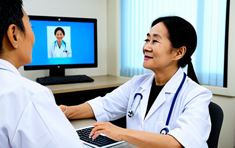A professional Vietnamese female doctor in a modest white lab coat, seated at a modern desk in a well-lit clinic, conducting a telemedicine consultation via a large, clear screen. On the screen, an elderly Vietnamese man in modest traditional attire is calmly engaging with the doctor from his comfortable, simple home setting, using a tablet with a smooth video connection. The scene emphasizes seamless user experience and skilled remote medical communication. The lighting is bright and natural, reflecting professional healthcare. fully clothed, appropriate attire, safe for work, perfect anatomy, correct proportions, natural pose, well-formed hands, professional, high quality, realistic photography.
