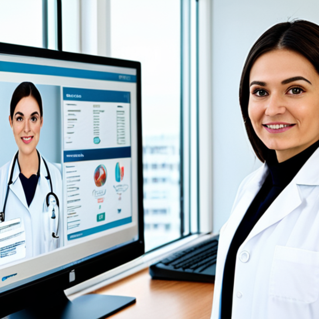 Transparent Healthcare Professional**

A friendly female doctor in a modest white coat, standing in a bright, modern office with a website displayed on a large monitor in the background showcasing doctor profiles and transparent pricing information, fully clothed, appropriate attire, safe for work, perfect anatomy, natural proportions, professional photography, high quality, professional.

**