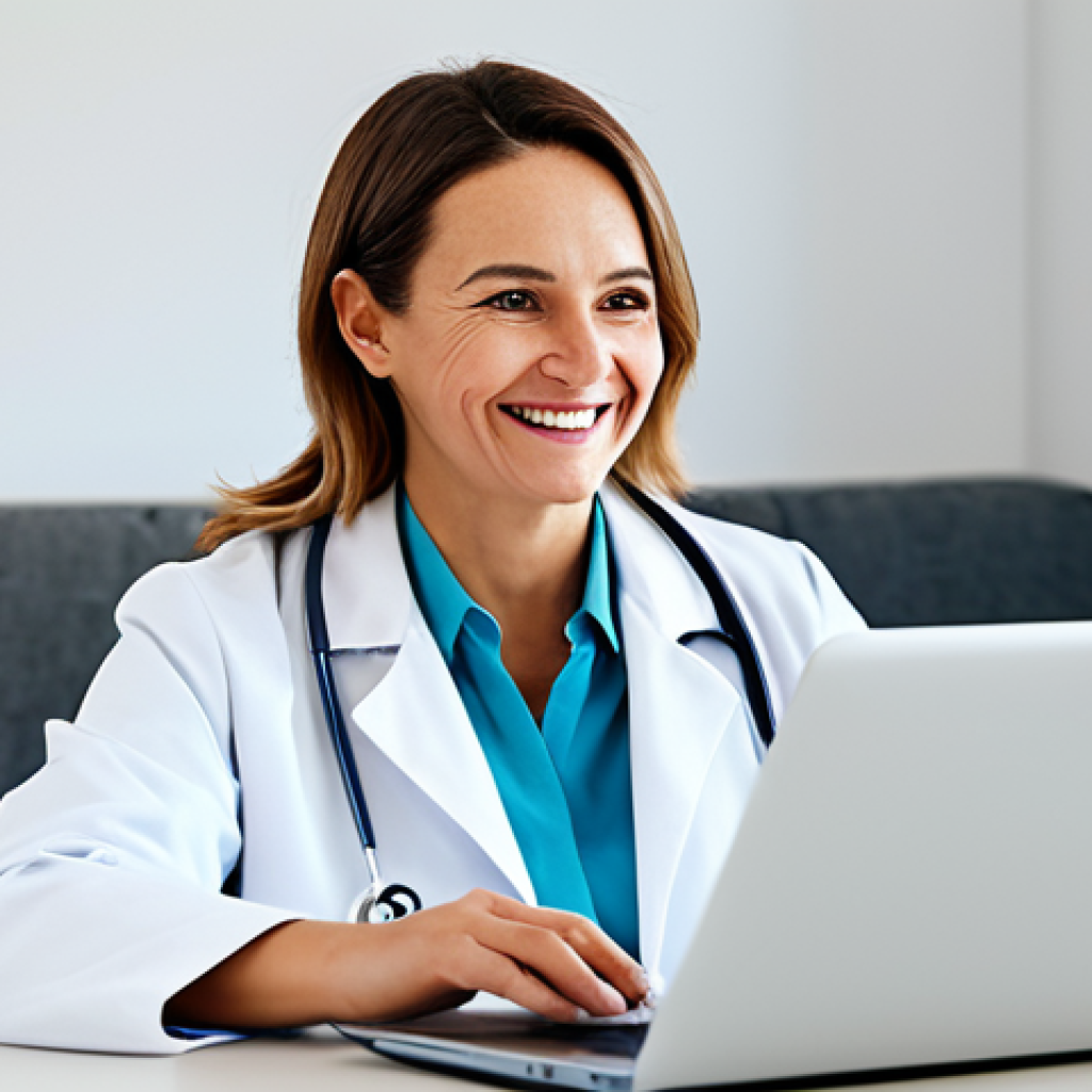 Online Doctor Consultation**
"A friendly doctor in a fully clothed white coat, smiling and consulting with a patient via a laptop screen in a bright, modern living room, fully clothed patient, appropriate content, safe for work, professional, perfect anatomy, well-formed hands, natural pose, high resolution, family-friendly."
**