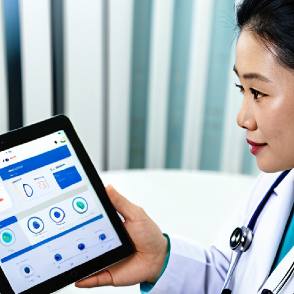 원격의료 서비스와 맞춤형 의료 - **
A Vietnamese doctor in a modern clinic, wearing a white coat and stethoscope, consults with a pa...