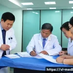 Home 18 원격의료 서비스의 변화하는 정책 환경 - A high‑resolution photorealistic scene inside a Vietnamese provincial hospital conference room showi...