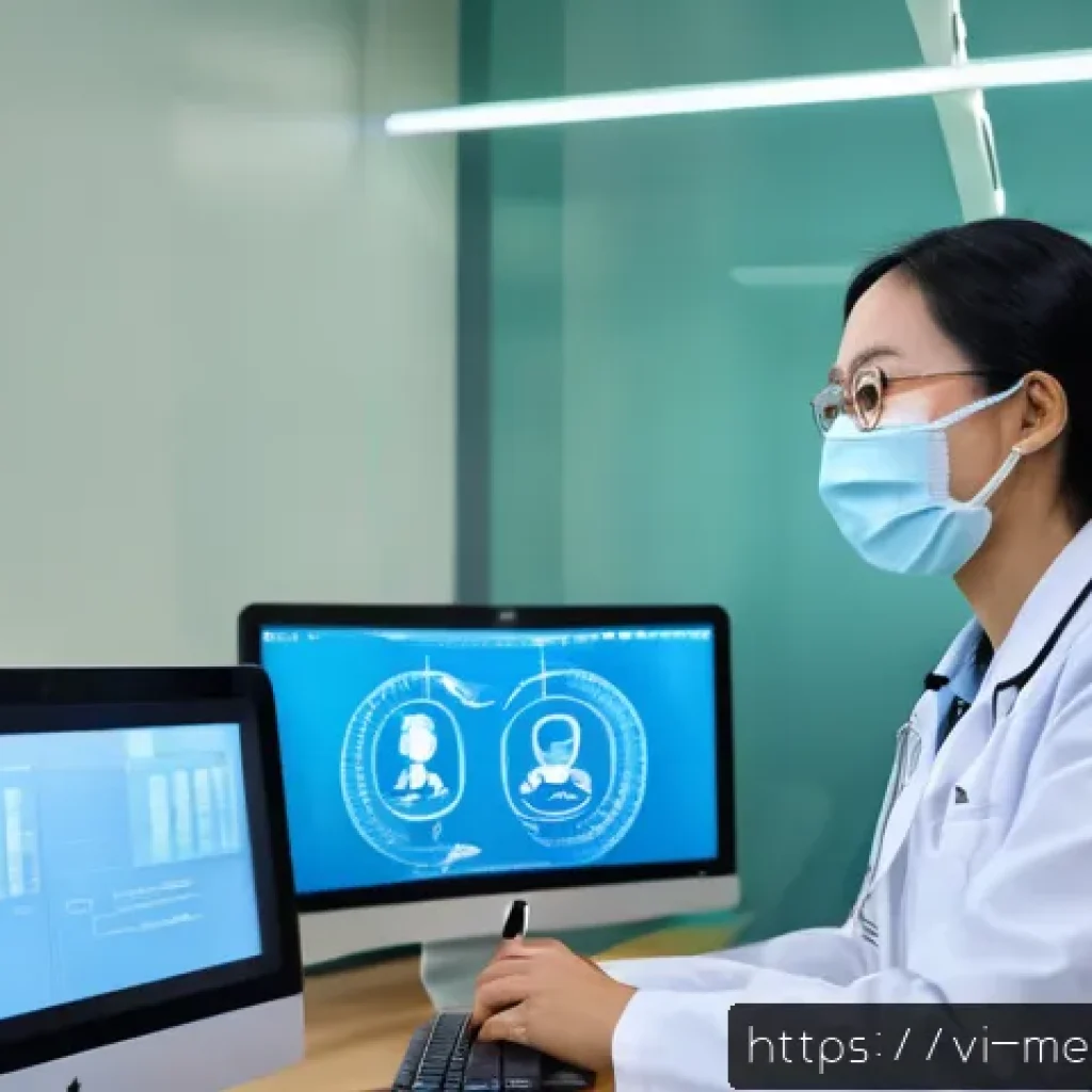 원격의료 서비스의 법적 규제 현황 - A modern Vietnamese telemedicine clinic room with a doctor wearing professional attire and a face ma...