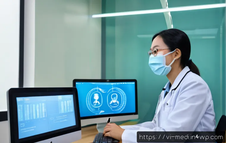 원격의료 서비스의 법적 규제 현황 - A modern Vietnamese telemedicine clinic room with a doctor wearing professional attire and a face ma...