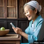 Home 21 원격의료 서비스와 만성 질환 관리 - A Vietnamese rural elderly woman wearing modest, comfortable clothing, sitting at home using a smart...