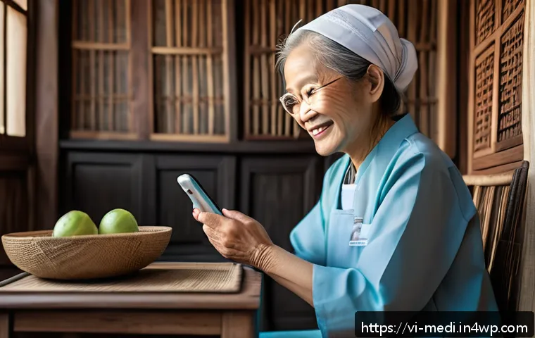 원격의료 서비스와 만성 질환 관리 - A Vietnamese rural elderly woman wearing modest, comfortable clothing, sitting at home using a smart...