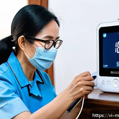 Home 31 원격의료 서비스의 경영 전략 수립 - A Vietnamese rural healthcare worker wearing professional attire and a face mask, setting up a wirel...