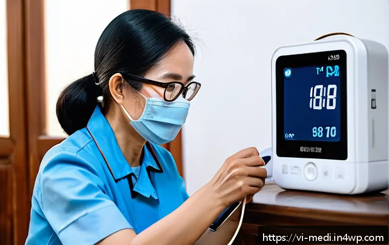 원격의료 서비스의 경영 전략 수립 - A Vietnamese rural healthcare worker wearing professional attire and a face mask, setting up a wirel...