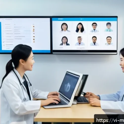 Home 30 원격의료 서비스의 가격 책정 모델 - A modern Vietnamese telemedicine clinic scene showing a diverse group of patients consulting with do...