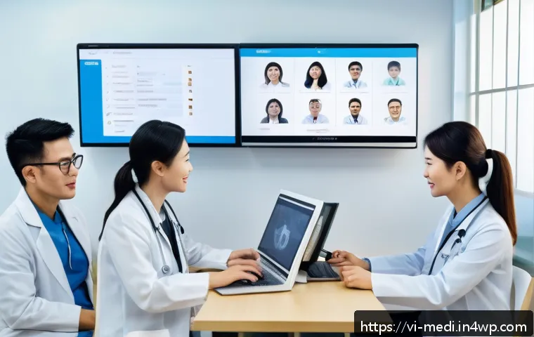 원격의료 서비스의 가격 책정 모델 - A modern Vietnamese telemedicine clinic scene showing a diverse group of patients consulting with do...
