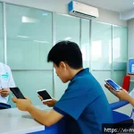 Home 23 원격의료 서비스의 운영 효율화 방안 - A modern Vietnamese clinic waiting room with patients using smartphones and tablets to book and rece...