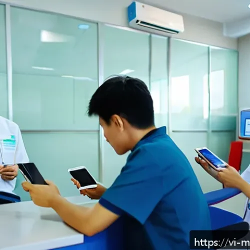 Home 17 원격의료 서비스의 운영 효율화 방안 - A modern Vietnamese clinic waiting room with patients using smartphones and tablets to book and rece...