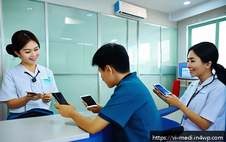 원격의료 서비스의 운영 효율화 방안 - A modern Vietnamese clinic waiting room with patients using smartphones and tablets to book and rece...